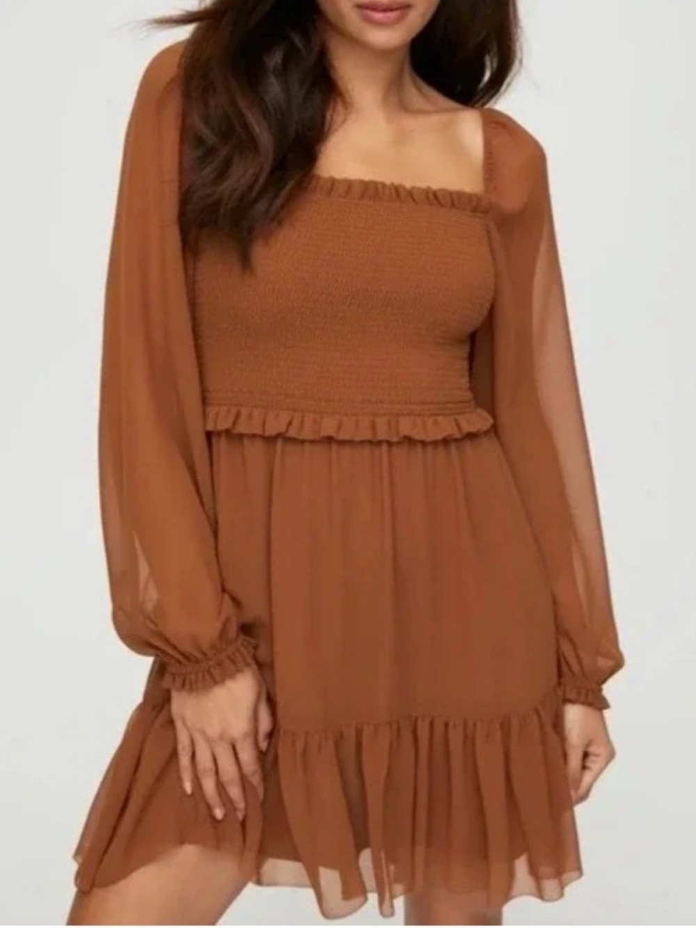Aritzia Wilfred Rust-Brown Smocked Square-Neck Mini Dress size XS